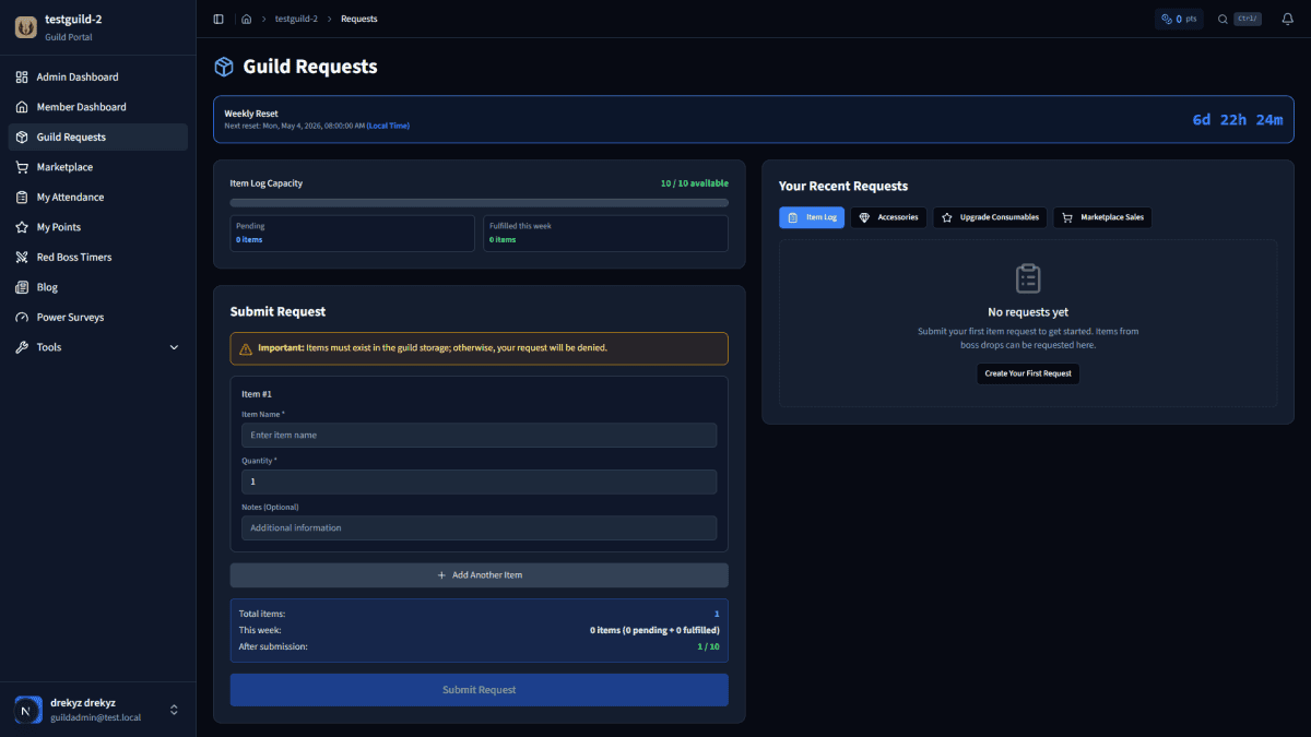 Member-facing Guild Requests page showing the dual-limit counters: pending pool, fulfilled this week, and the post-submission allowance projection