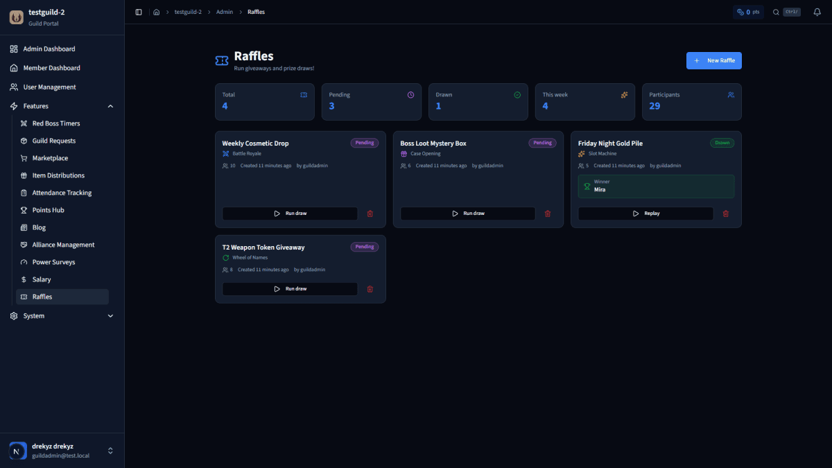 Admin raffles list showing four pending and drawn giveaways with different animation styles
