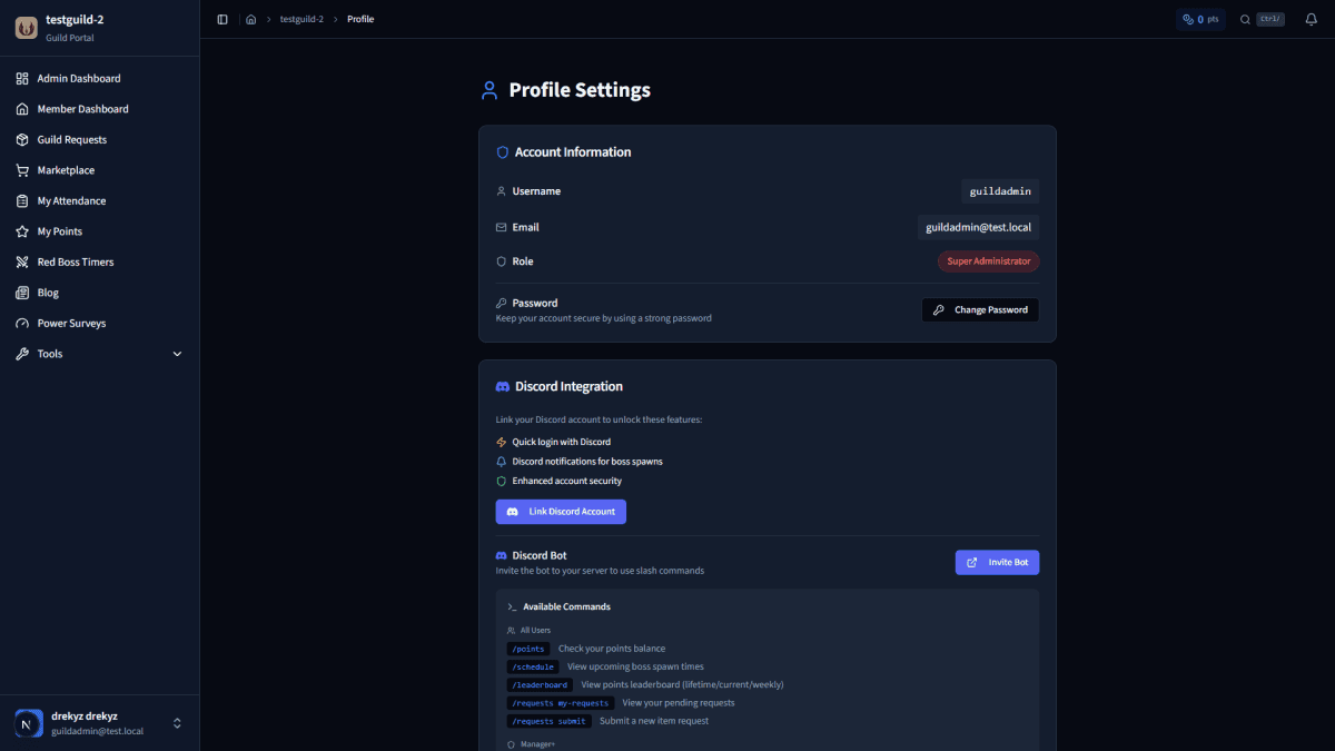 Profile settings page showing account info, Discord integration, and per-category notification toggles
